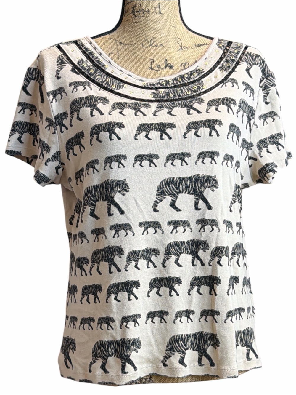 Rafaella Women’s Beige Tiger Print Short Sleeve Top EC Size large Petite